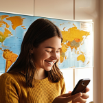 **

A cozy, modern apartment interior. Sunlight streams through a window, illuminating a young woman smiling as she checks her banking app on her phone. In the background, a world map is pinned to the wall with several destinations marked with pins. A piggy bank sits on a nearby shelf, partially filled with coins. The overall tone is optimistic and conveys a sense of financial control and future possibilities.

**