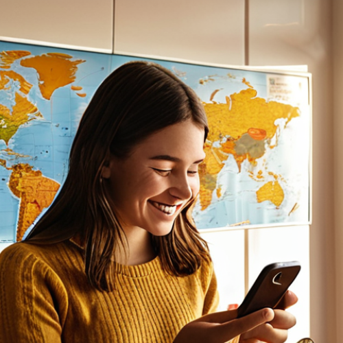 Home 15 **
A cozy, modern apartment interior. Sunlight streams through a window, illuminating a young woman smiling as she checks her banking app on her phone. In the background, a world map is pinned to the wall with several destinations marked with pins. A piggy bank sits on a nearby shelf, partially filled with coins. The overall tone is optimistic and conveys a sense of financial control and future possibilities.
**
