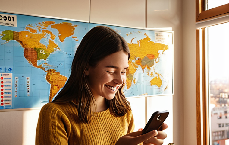 **

A cozy, modern apartment interior. Sunlight streams through a window, illuminating a young woman smiling as she checks her banking app on her phone. In the background, a world map is pinned to the wall with several destinations marked with pins. A piggy bank sits on a nearby shelf, partially filled with coins. The overall tone is optimistic and conveys a sense of financial control and future possibilities.

**