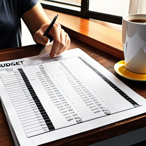 Home 14 ** A person sitting at a table, analyzing a budget spreadsheet with a cup of coffee. The spreadsheet should show income, expenses categorized (housing, food, transport, entertainment), and savings. The scene should be bright and inviting, conveying a sense of control and financial awareness.
**