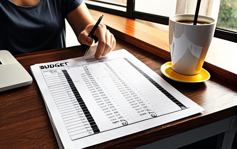 ** A person sitting at a table, analyzing a budget spreadsheet with a cup of coffee. The spreadsheet should show income, expenses categorized (housing, food, transport, entertainment), and savings. The scene should be bright and inviting, conveying a sense of control and financial awareness.

**