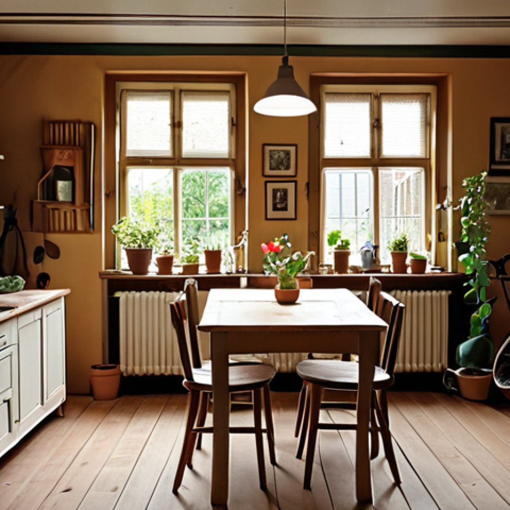 **A cozy Dutch home interior. Focus on frugality and sustainability. Examples include repurposed furniture, thrift store finds, and energy-efficient lighting. Emphasize the feeling of contentment and financial mindfulness.**