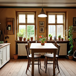 **A cozy Dutch home interior. Focus on frugality and sustainability. Examples include repurposed furniture, thrift store finds, and energy-efficient lighting. Emphasize the feeling of contentment and financial mindfulness.**