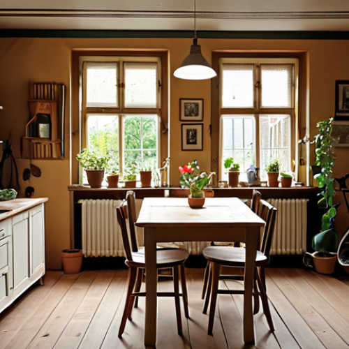 Home 7 **A cozy Dutch home interior. Focus on frugality and sustainability. Examples include repurposed furniture, thrift store finds, and energy-efficient lighting. Emphasize the feeling of contentment and financial mindfulness.**
