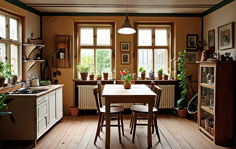 **A cozy Dutch home interior. Focus on frugality and sustainability. Examples include repurposed furniture, thrift store finds, and energy-efficient lighting. Emphasize the feeling of contentment and financial mindfulness.**